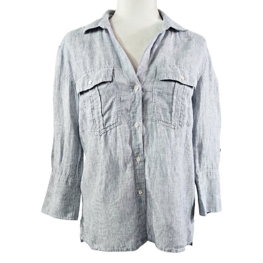 Standard James Perse 100% Linen Blue White Stripe Button-Up Shirt